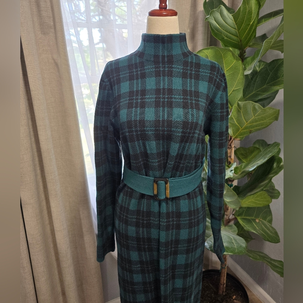 Ann Taylor Green Plaid Knit Midi Dress - Size L - Picture 2 of 7